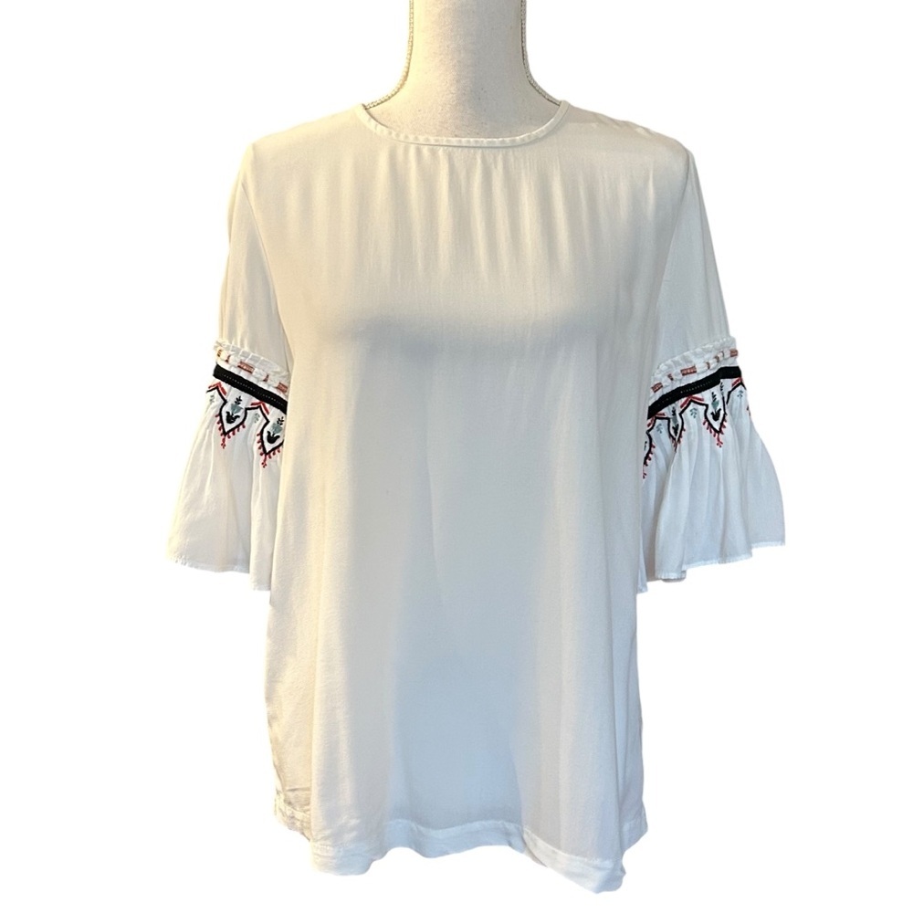 LOFT Embellished Short Sleeve Boho Southwest Top Women’s SZ Small in White